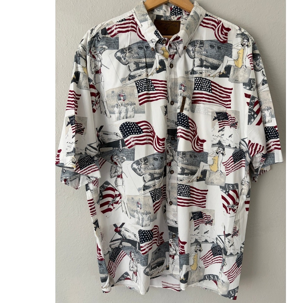 North River Mens Vintage Pinup Girl Airplane Flag Shirt XL Patriotic Americana